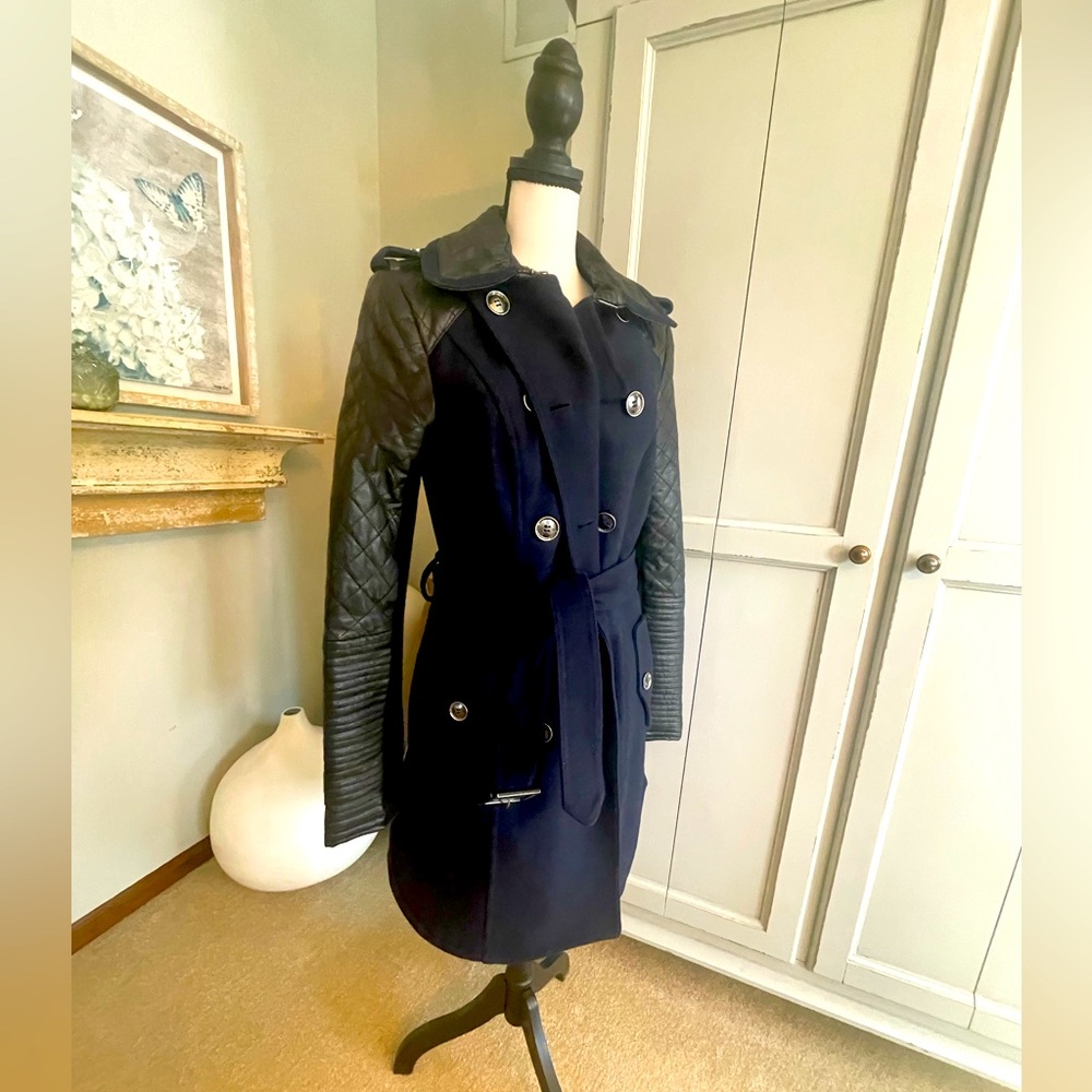 BCBG Maxaria Navy & Black Moto Style Dress Coat. Size Medium